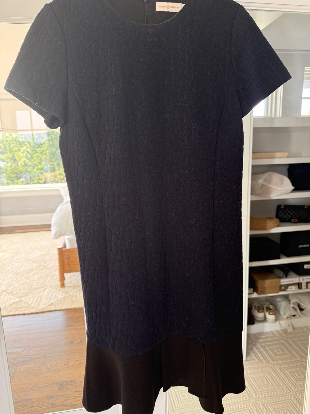 Tory Burch Navy Textured Short-Sleeve Mini Dress with Flounce Hem